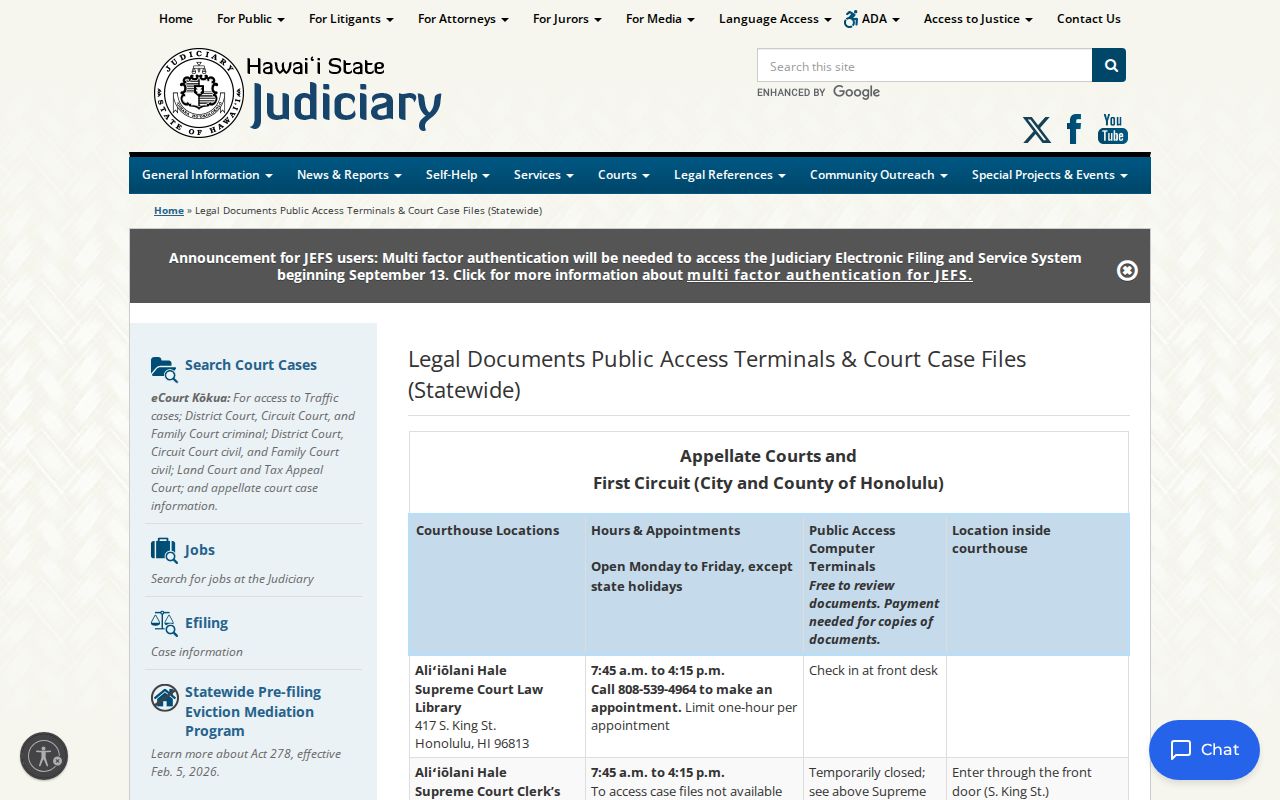 Hawaiʻi Judiciary public access terminal information for the Kauaʻi court schedule
